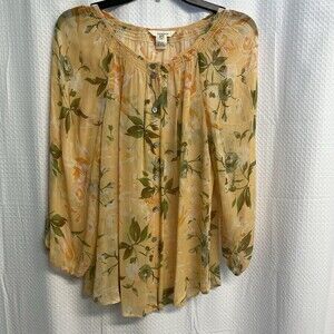 Sundance Women’s 100% Silk Sheer Orange Floral Boho Peasant Button Front Top Med